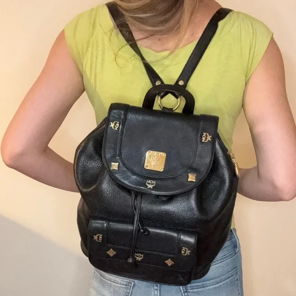 MCM Black Leather Backpack with Gold Accents and draw strings 12"x11" - Picture 12 of 16